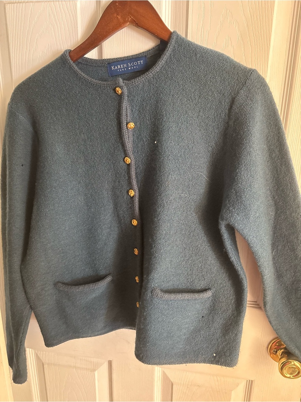 Karen Scott Slate Blue Wool Cardigan with Gold Buttons